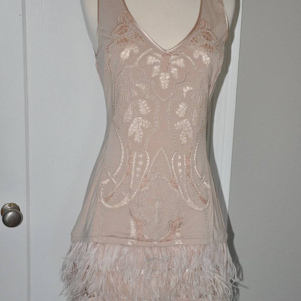 Guess by Marciano Feather Mini Dress XS - Beading and Embroidery Nude